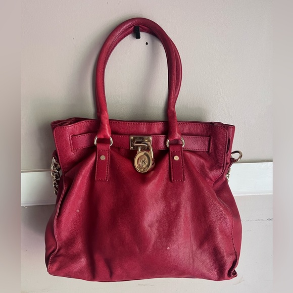 Michael Kors Handbags - Michael Kors Crimson Leather Tote with Gold Accent Lock